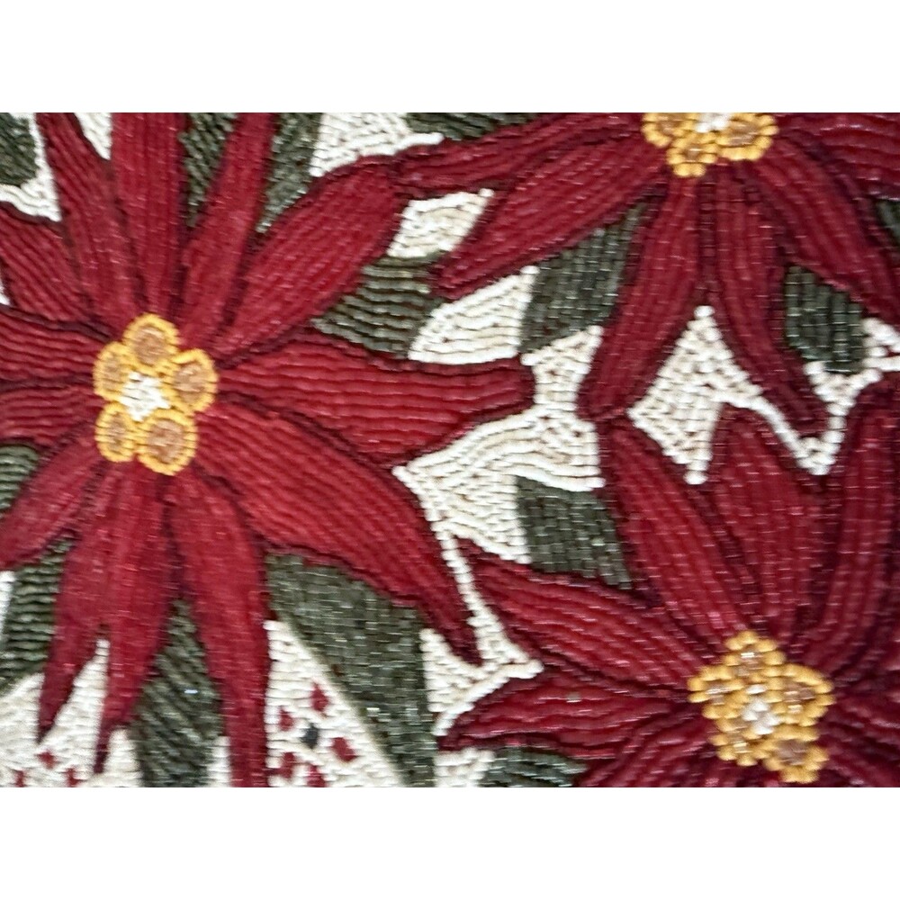 ✿ Vintage Beaded Christmas Table Runner Red Poinsettia Flowers Holiday Decor